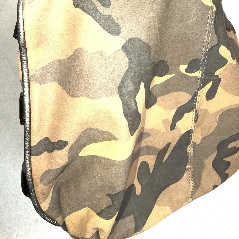 B Makowsky Camo Hobo Bag Black Leather Trim Silver Hardware Shoulder Purse